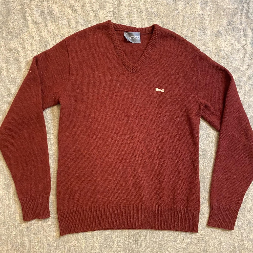 Vintage Le Tigre Sweater Mens Medium Red Wool Blend V Neck Pullover USA 90s